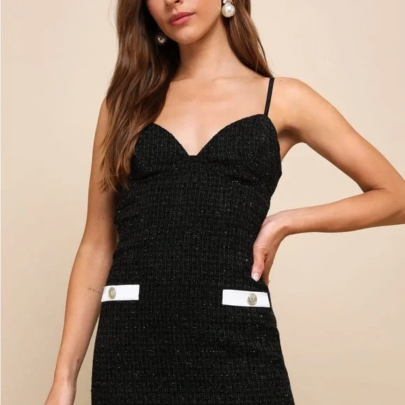 Lulus Easily Posh Black Tweed Lurex Sleeveless Bodycon Mini Dress - Picture 2 of 9